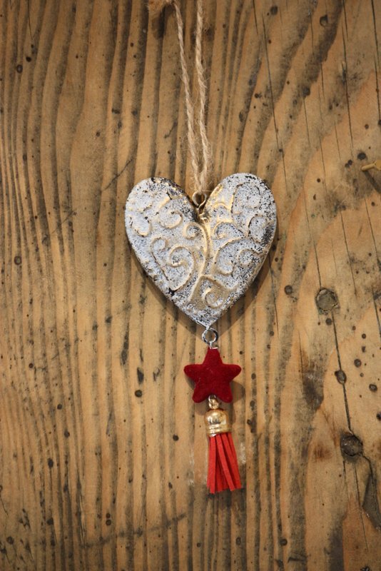 Suspension de Noël – Mon coeur de noël en métal avec un petit pompon bordeaux