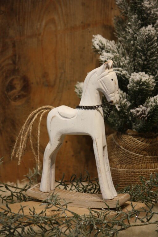 Personnage de Noël - Le cheval à bascule en bois cérusé blanc