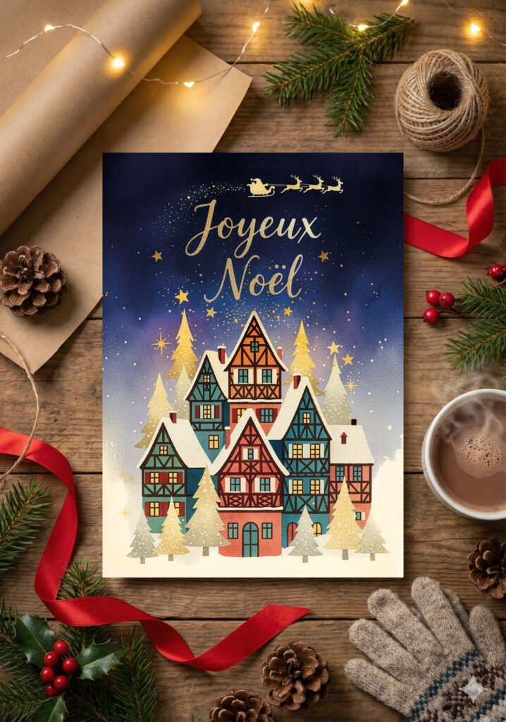 Carte de voeux – Village enneigé en Alsace