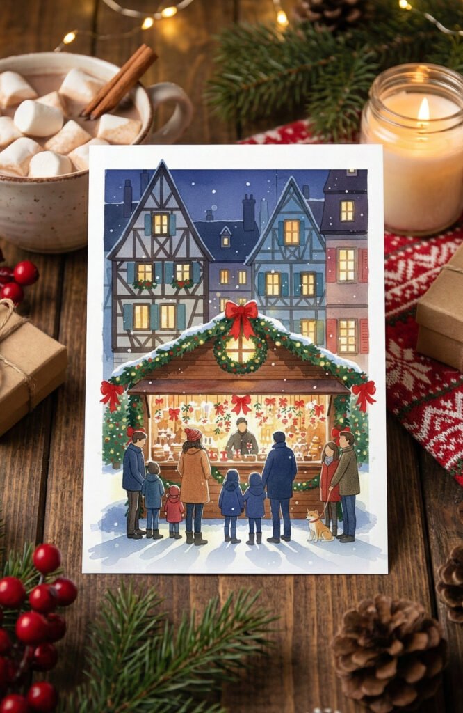 Carte de voeux – Chalet enneigé d&rsquo;un marché de noël en Alsace