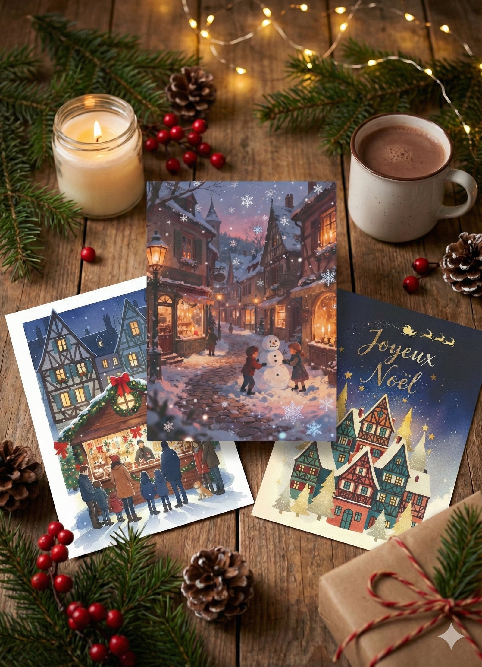 Carte de voeux - Trio de cartes de voeux de différentes scènes d'un hiver en Alsace